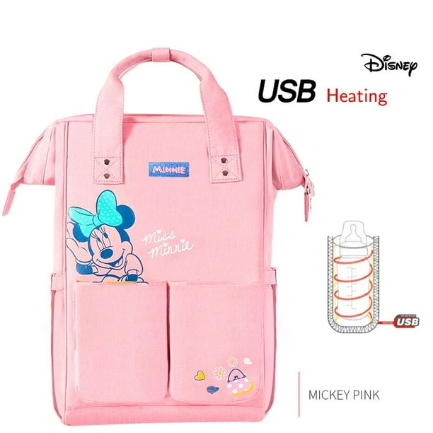 Disney-mochila para pañales de bebé, bolsa de lactancia para madres, cambiador de pañales de maternidad, cochecito de viaje, calefacción USB, serie Mickey