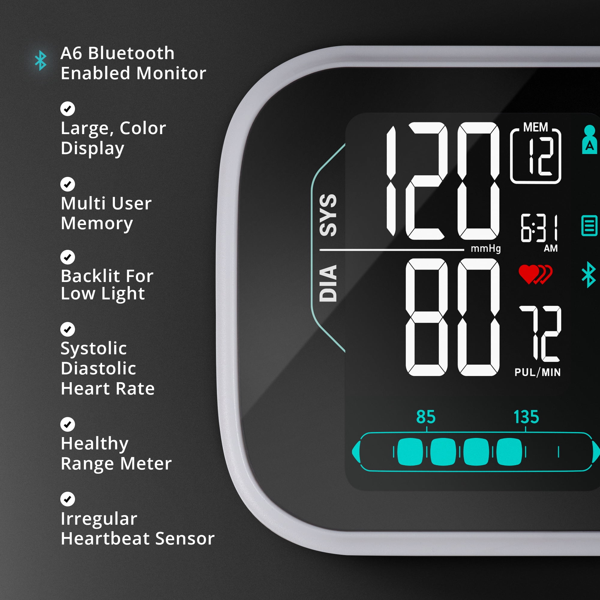 Greater Goods Blood Pressure Monitor with Bluetooth Sync, Smart Pro-Series Upper Arm BP Machine with Multicolor Backlit LCD & AC Adapter