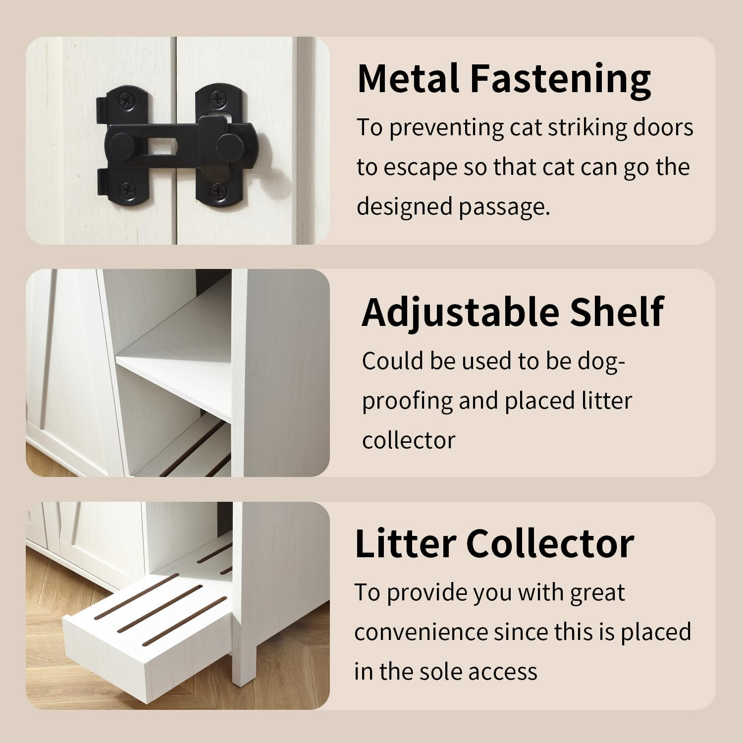 Litter Enclosure with Litter Collector, Litter Cabinet with Dog-Proof Adjustable Shelf, (Antique White)