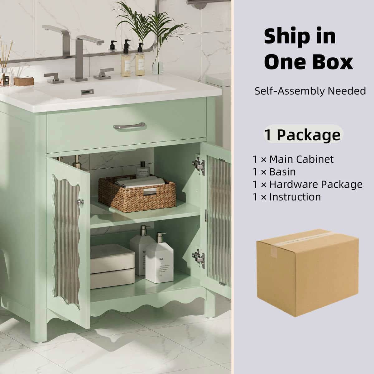Spaco 31" Bathroom Vanity with Tempered Glass, Modern Bathroom Cabinet with Rubber Wood Legs and Soft Close Doors for Indoor, Green
