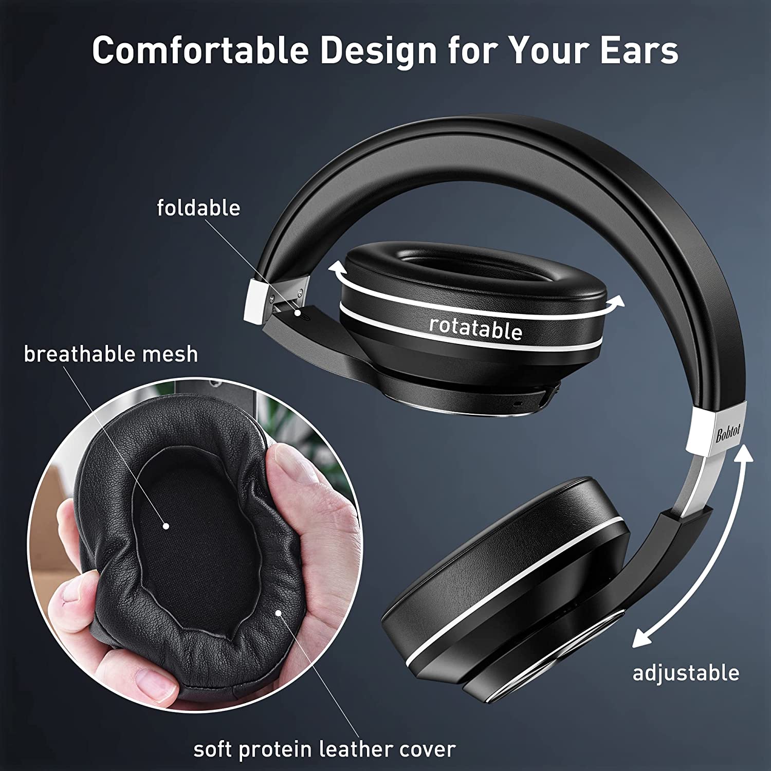 Bobtot Bluetooth Headphones Over Ear Wireless Active Noise Cancelling Headphone 30H Playtime Hi-Fi Stereo Bass 5 EQ Modes Foldable Headsets with Built-in Mic Volume Control Protective Case for Travel