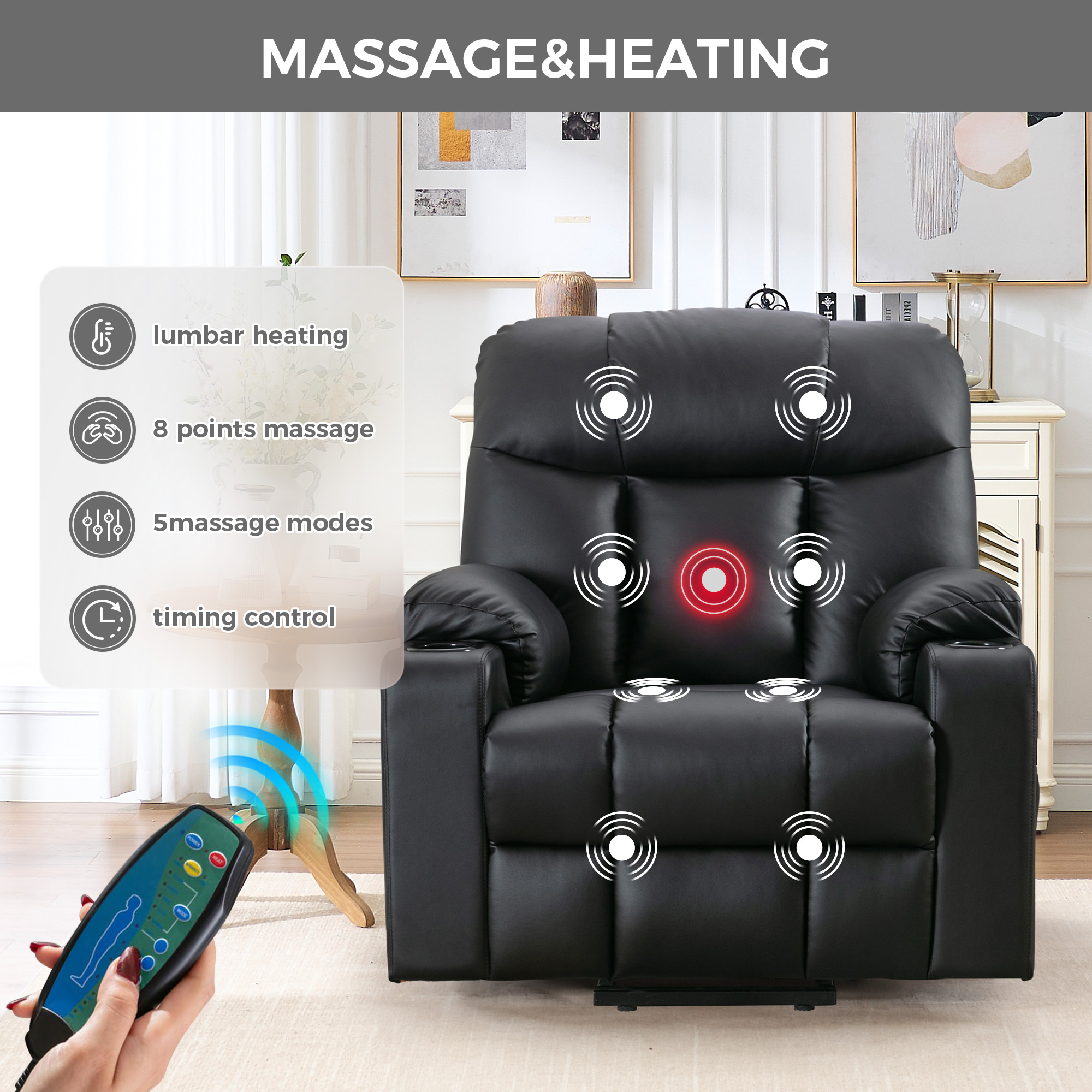 Bonzy Home Set of 2 Living Room Heated Massage Recliner Power Lift Chair Recliner for Elderly with Cup Holder and USB, Black