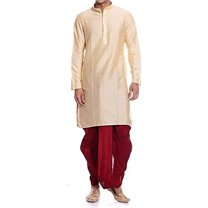 Royal Kurta Men's Silk Blend Dhoti Kurta Set (Beige, Large)
