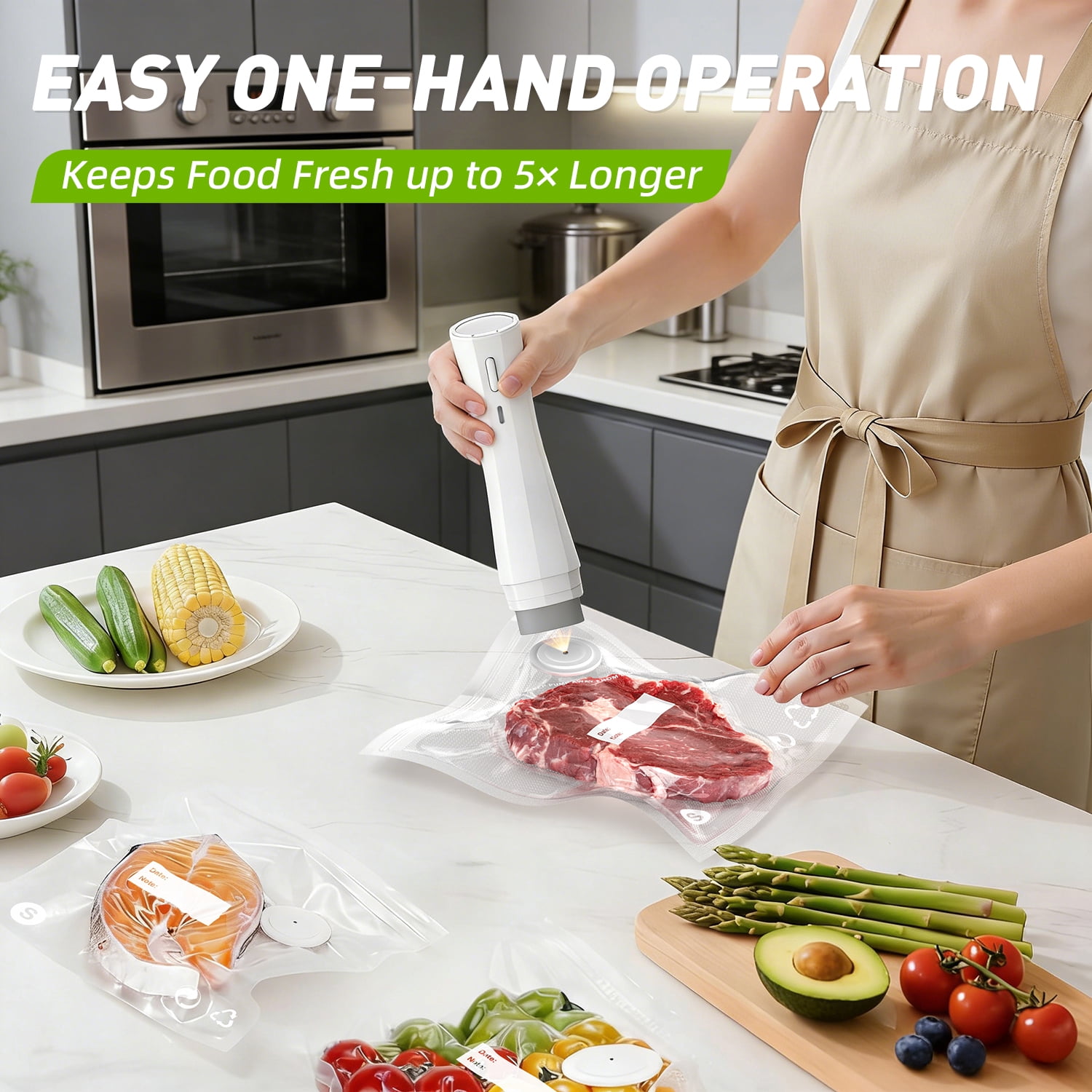 TINANA Cordless Vacuum Sealer for Food, 80 kPa Portable Handheld Vacuum Sealing Machine with Rechargeable Battery, 30PCS Reusable Bags, for Kitchen, Sous Vide, Travel & Camping