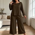 thumbnail image 6 of Hzzrkos Women Casual Plus Size Loose Solid Color Round Neck Long Sleeve Two Piece Wide Leg Loungewear Pajama Set, Soft Relaxed Sleepwear Outfit For Indoor Daily Rest Brown XXXL, 6 of 7
