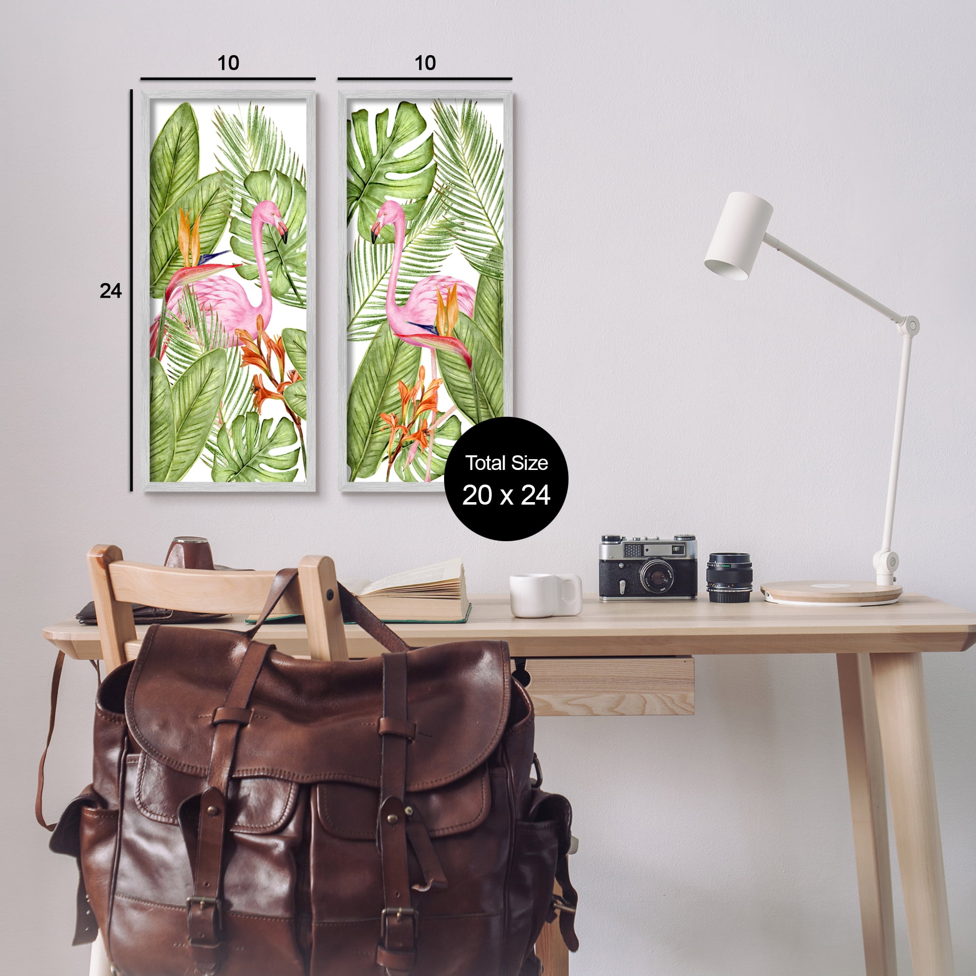 Stupell Industries Flamingos & Topical Plants Botanical & Floral Painting Gray Framed Art Print Wall Art, 10 x 24, Set of 2