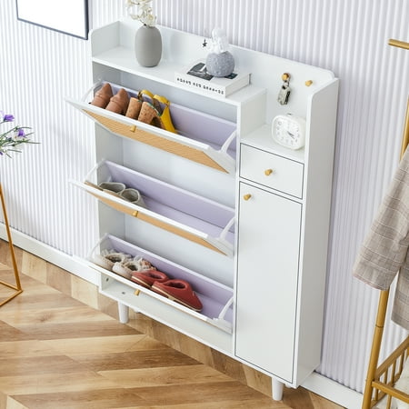 Porch Shoe Cabinet, Shaped Design Modern Retro Style, MDF White Rattan Storage Cabinet for Corridors and Living Rooms
