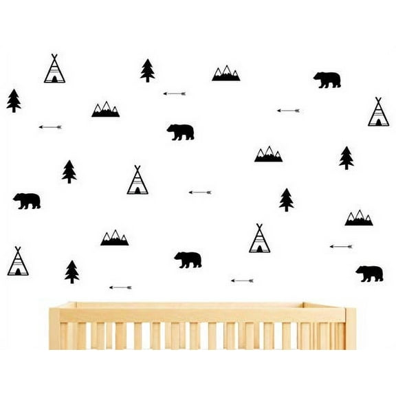 Woodland Wall Decal Bears Arrow Teepees Trees and Mountains Decor Matte Vinyl Wall Stickers for Baby Bedroom Nursery Wall Decals(Y05) (Black)