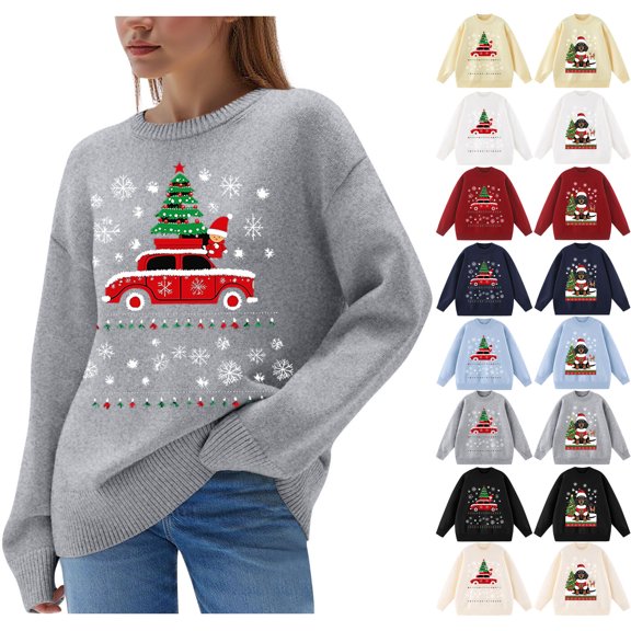 Danhjin Christmas Sweater Tops for Women Print Oversized Crew Neck Long Sleeve Fall Winter Pullover Shirts Fashion Comfy Soft Loose Cozy Loungewear Outdoor Knitwear Blouses