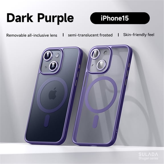 Allytech Magnetic Semi-Transparent Case for iPhone 15, [Detachable Camera Lens Protector & Compatible with MagSafe], Slim Shockproof Semi-Clear Matte Case Cover for iPhone 15 6.1 inch, Purple