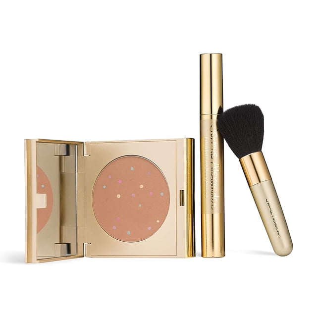 Jerome Alexander MagicMinerals Juego de polvo mineral prensado con espejo, máscara de pestañas extensible compacta, cepillo profesional y esponja para mezclar (oscuro medio)