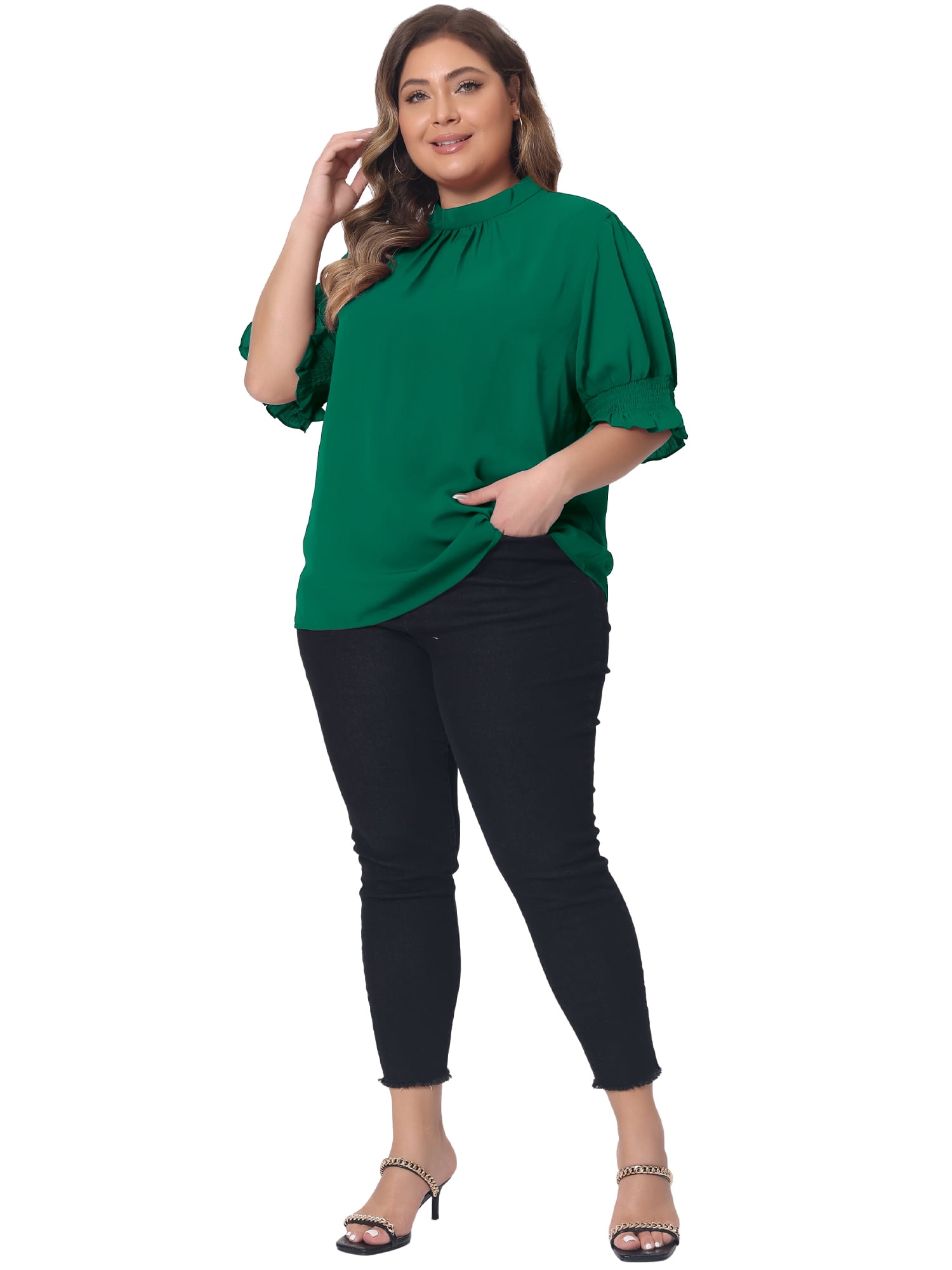 DARING DIVA Women's Plus Office Pleated Short Puff Sleeves Mock Neck Top 2X Green