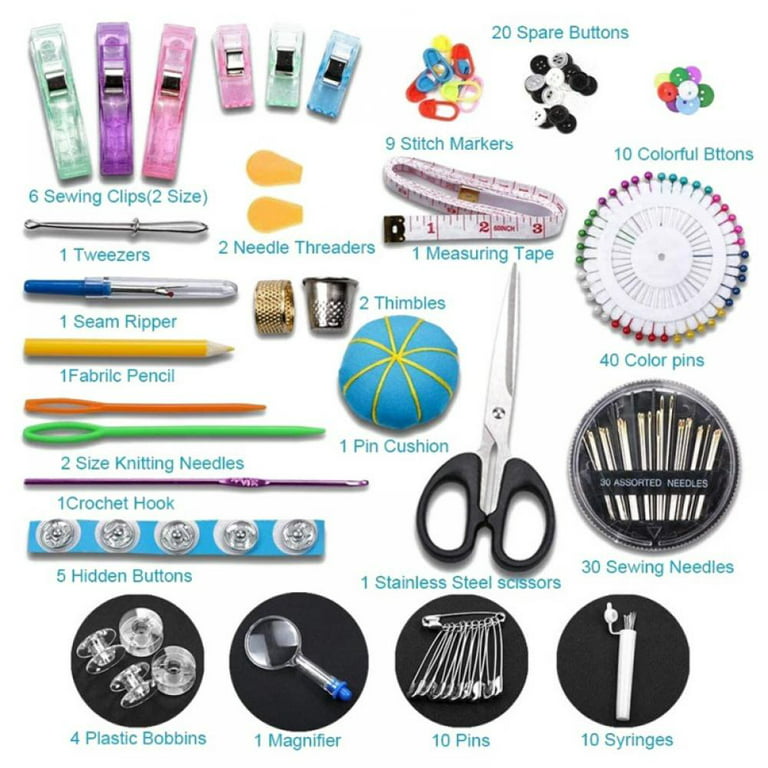 Sewing activity kit includes supplies for sewing, knitting and crochet.