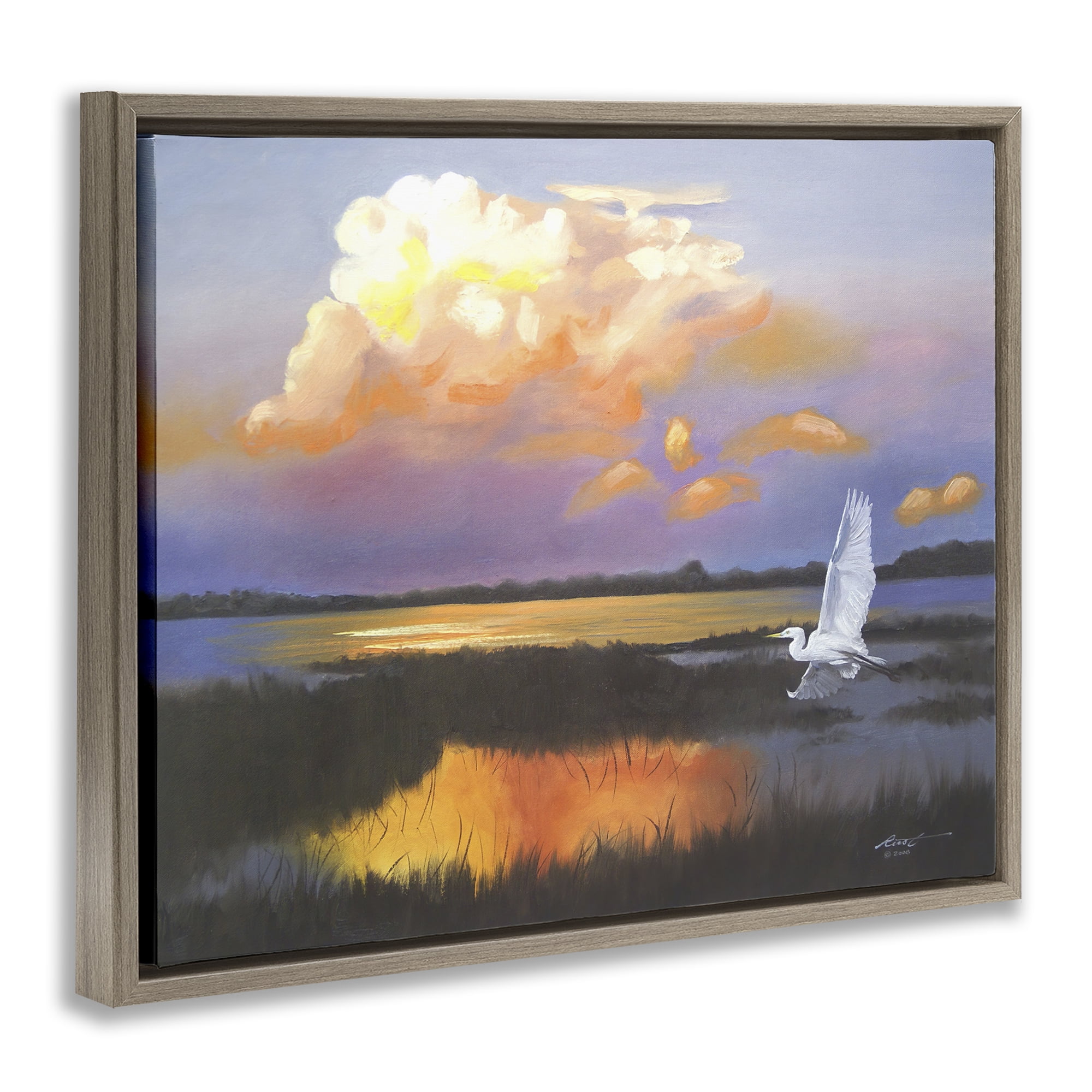 Stupell Industries Egret Over Cloudy Reflection Landscape Painting Brown Floater Framed Canvas Art Print Wall Art, 21 x 17