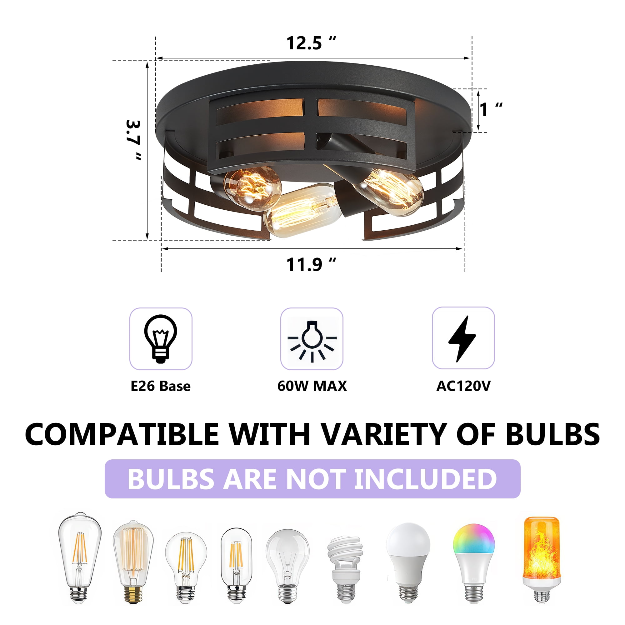 GCGAFUL 12.5 inch 3-Light Vintage Farmhouse Flush Mount Ceiling Light, 2-Pack Matte Black Ceiling Lighting for Kitchen, Hallway, Bedroom