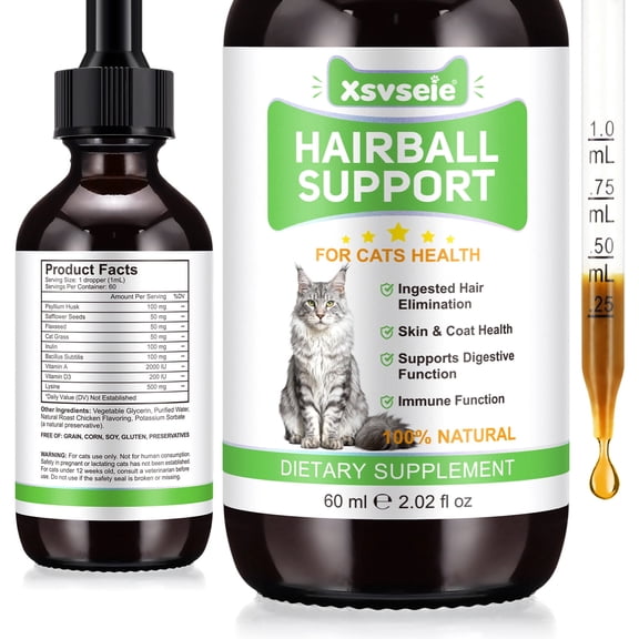 Hairball Relief Drops for Cats, Helps Eliminate and Prevent Hairballs, Supports Digestion, Cat Hairball Remedy, Chicken Flavor, 60ml/2 fl oz