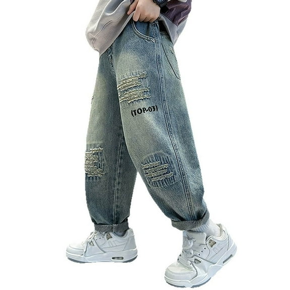 LIIPEE Boys Girls Jean Pants Baggy Elastic Waist Straight Wide Leg Denim Trousers With Pockets Kids Classic Casual Daily Party Photoshoot Pants,Light Blue,4-5 Years