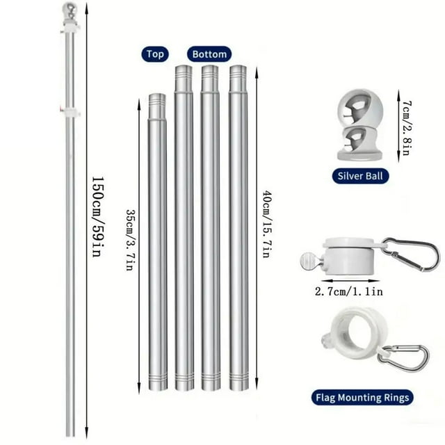 Stainless Steel Wall Mounted Flagpole Kit With 360 Degree Rotating Ring And Five Adjustable Sections For Outdoor Use