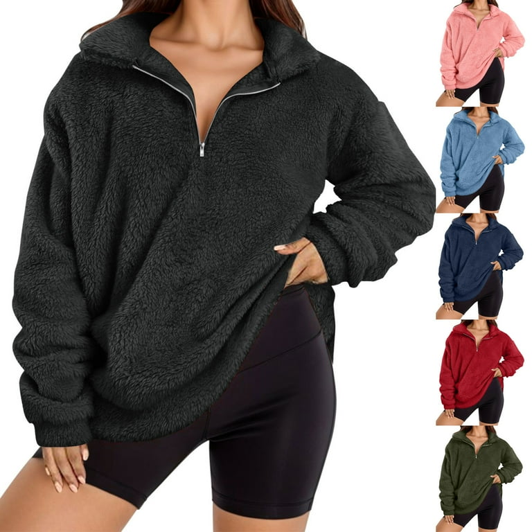 Womens Half Zip Fuzzy Fleece Sherpa Pullover Long Sleeve Oversized Sweatshirt Quarter Zip Crew Neck Sweatshirts Tops Teen Girls Fall Witer Clothes Walmart