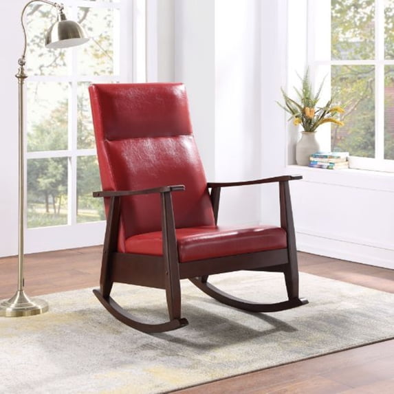 Upholstered Rocking Chair with High Backrest, Leather and Armrest, Leisure Line Rocking Chair Suitable for Living Room, Bedroom, and Office (Red PU)