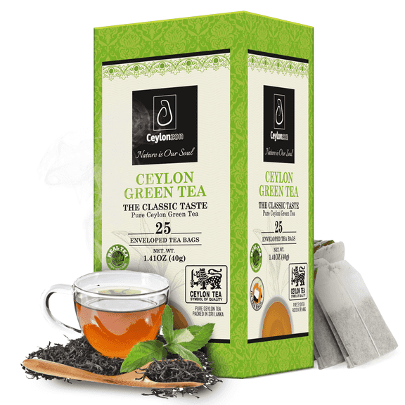 Ceylonzon Green Tea Classic Taste, Pure Ceylon Tea Bags, Foil-Wrapped, 25 Count, 40g