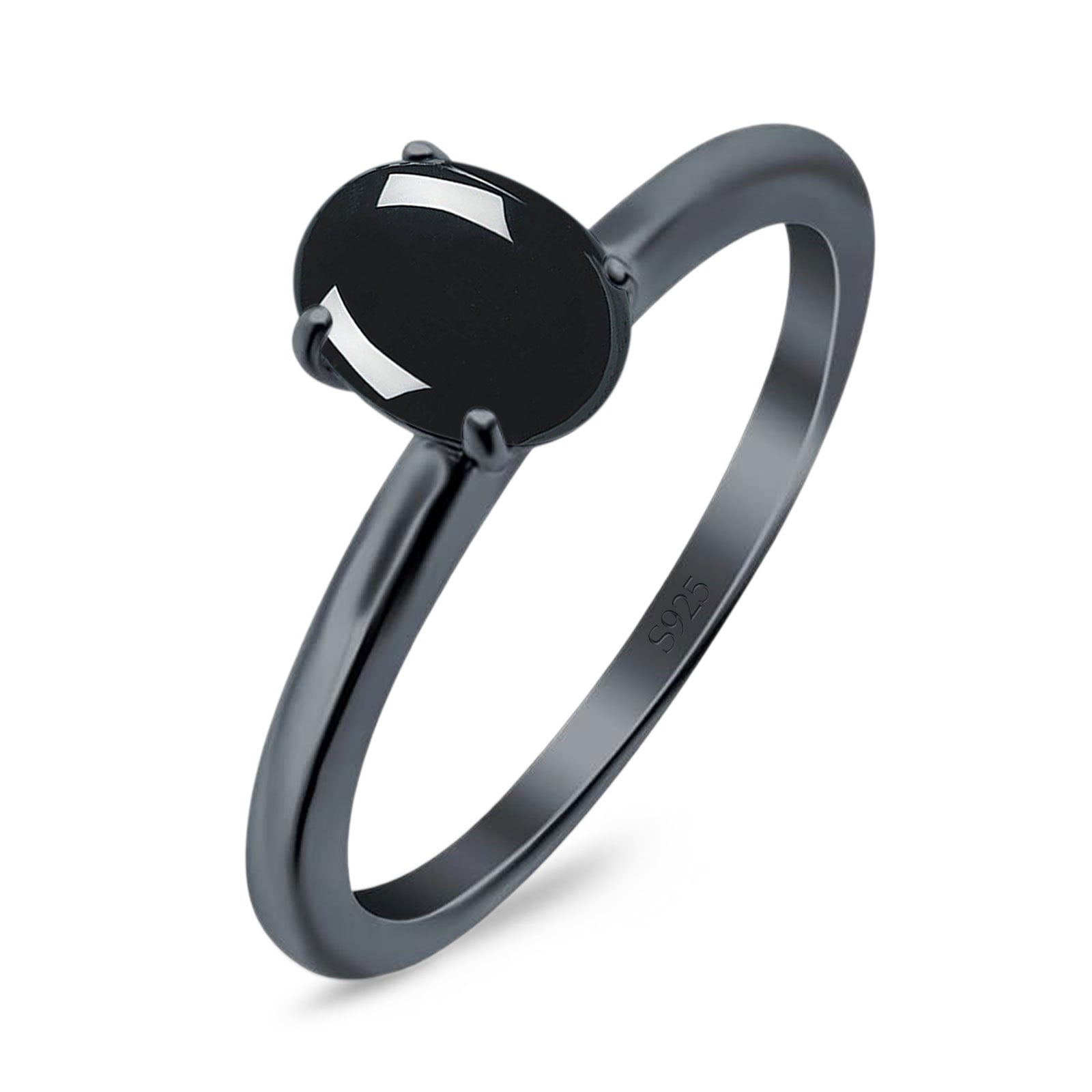 Natural Black Onyx Black Tone Silver Size-6 Minimalist Oval Cathedral Solitaire Ring Wedding Engagement Rings For Women 925 Sterling Silver Gifts For Her