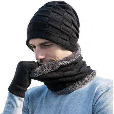 3 Pieces Winter Warm Hat Scarf Glove Set Knit Thick Beanie Scarves Cap for Men