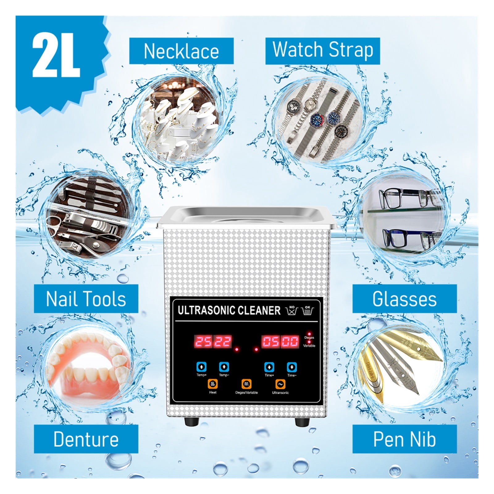 Ultrasonic Cleaner 60W 2L Household Digital Stainless Steel Basket Ultrasound Cleaning For Denture Watches Glasses