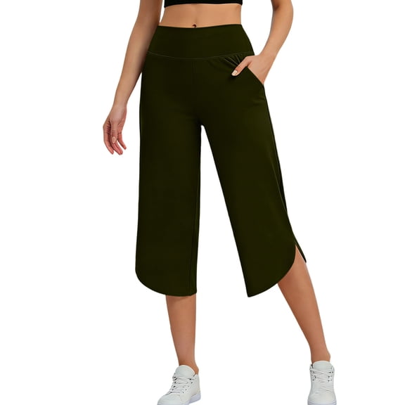 Cagogo Womens Wide Leg High Waisted Capri Pants Summer Casual Loose Cropped Palazzo Trousers with Pockets Flowy Beach Work Lounge Clothes, Army Green 2XL
