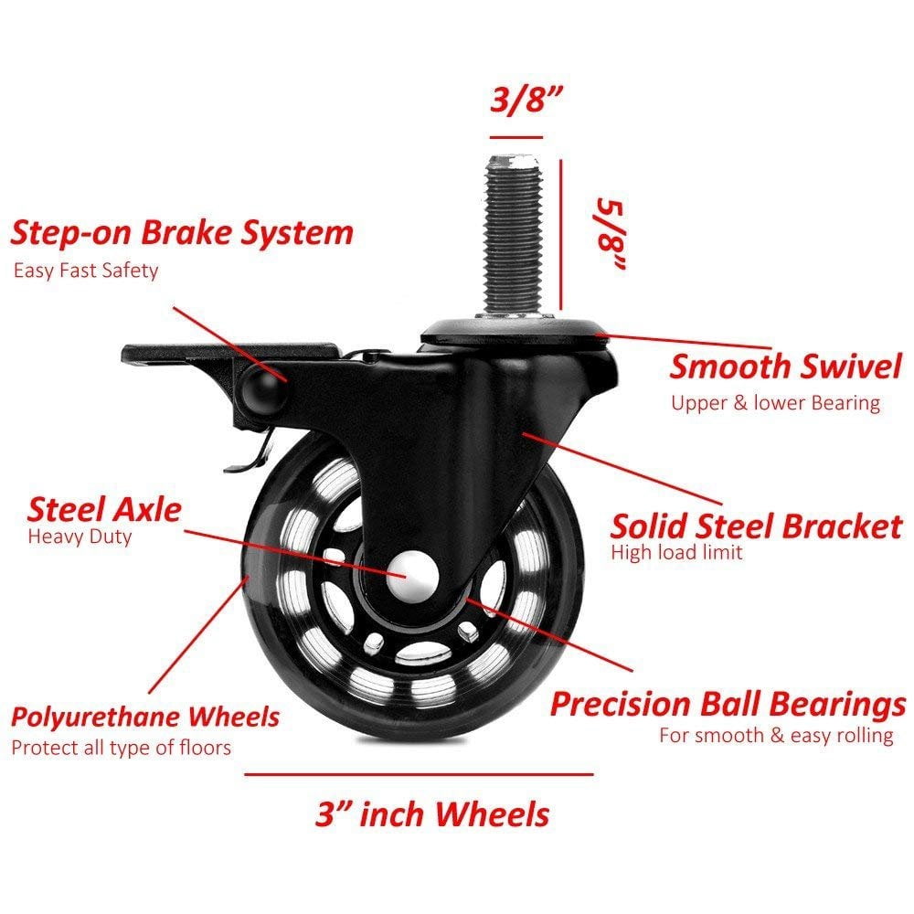 Wideskall 4 Pieces Heavy Duty 3" Swivel Wire Shelving Casters Soft Rubber Wheels with Brake