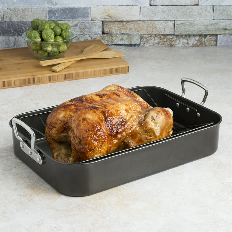 Tabletops Unlimited 17 Carbon Steel Roaster with Nonstick Rack, Grey