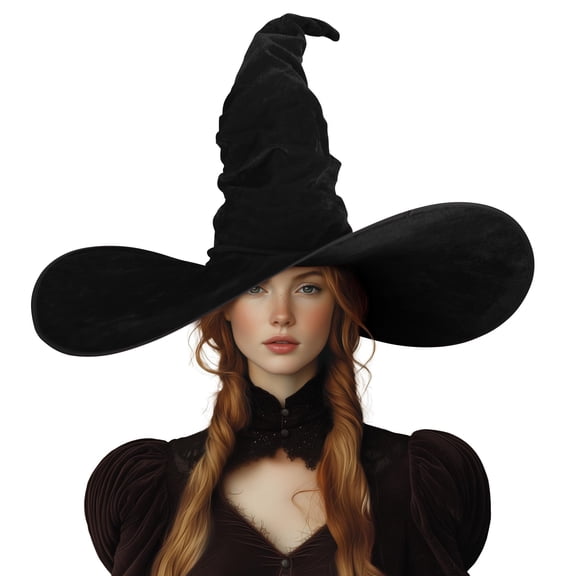 VZQI Women’s Large Witch Hat, Halloween Velvet Wizard Hat with Ruched Tulle Design for Costume Party Cosplay Dress Up
