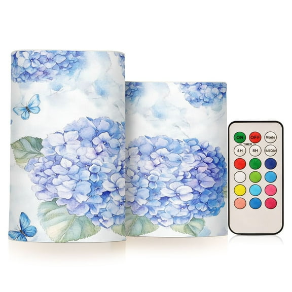 2 PCS Flameless Candles with Remote Timer LED Battery Operated Flickering Candle Light for Wedding Table Home Decoration Gifts Blue Hydrangea Pattern