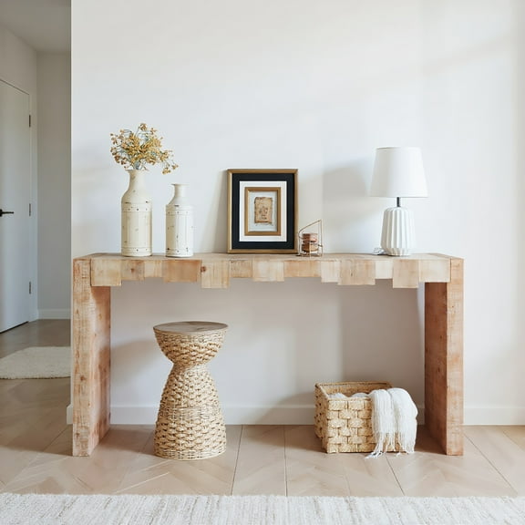 Resenkos Modern Rustic 71" Console Table - Entryway Table with Sculpted Block Design, Narrow Sofa Table for Hallway & Living Room, Natural Wood