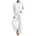 thumbnail image 2 of BRELIL Women's Ribbed Knit Two Piece Lounge Set Round Neck Long Sleeve Pullover Top Wide Leg Pants Casual Loungewear Solid Loose Fall Matching Outfits Travel Tracksuit, White 2XL, 2 of 5