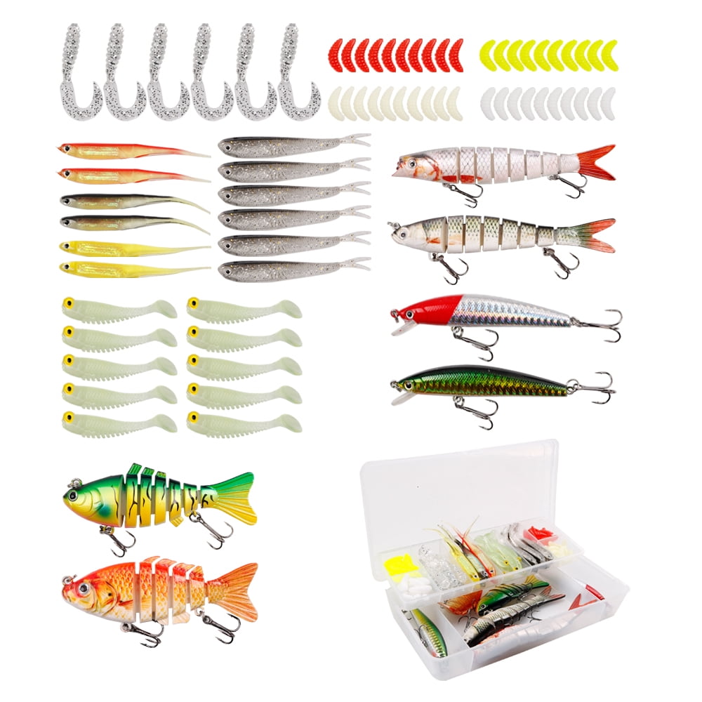 Ascent's Fisherman's Gift Lures Fishing Kit Gift Boxed - 74 pcs Combo Set Including Segmented Lures, Crankbaits, Plastic Worms, Topwater Lures, Tackle Box, Gift Idea for Father, Men, Women, Kids
