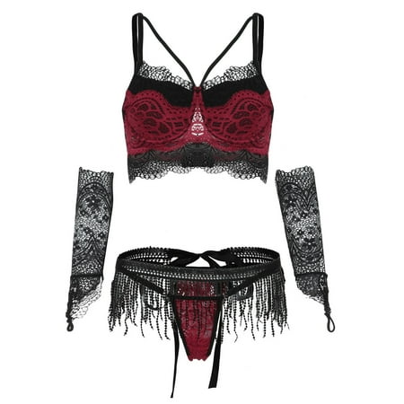 

Inkach Crochet Lace Color Block Lingerie Set With Tassel Skirt & Gloves Set