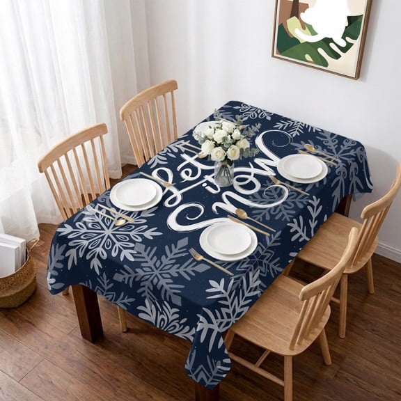 Navy Blue Christmas Table Cloth Waterproof Tablecloths, Retro Rustic Winter Snowflakes Xmas Tablecloth Dining Table Cover for Kitchen Party Tabletop Outdoor, Rectangle Tablecloth 60x84 Inch