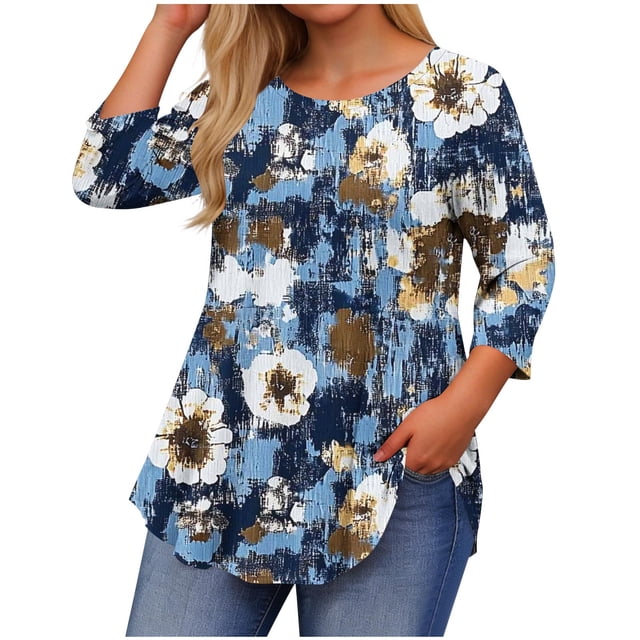 T-shirts Graphiques pour Femmes Grande Taille à Manches 3/4, Col Rond Décontracté, Imprimé Mignon, Coupe Décontractée, Hauts Mode pour Sorties Quotidiennes et Rassemblements, Bleu, TG