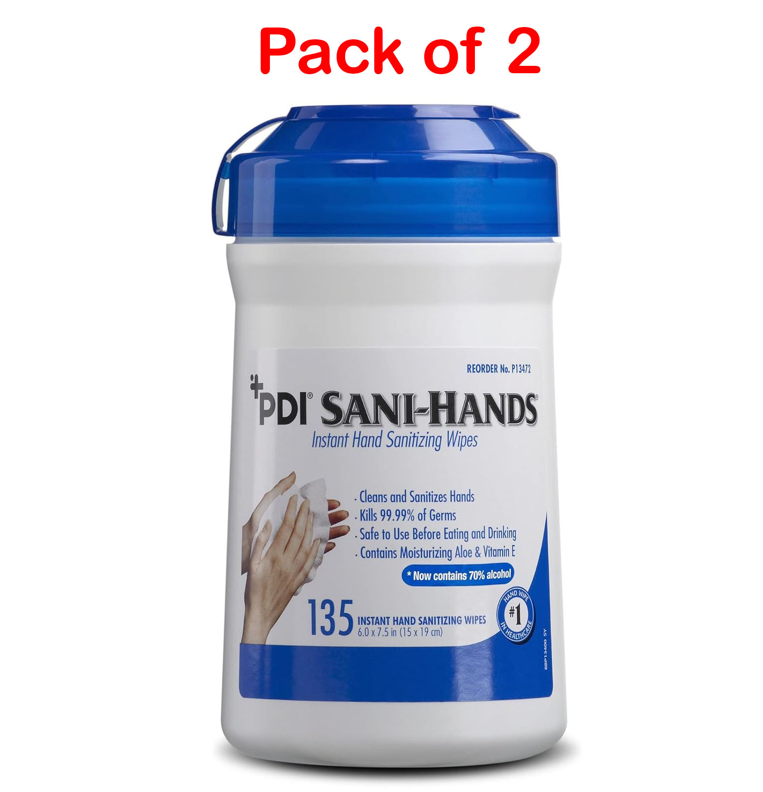 PDI Sani-Hands Instant Hand Sanitizing Wipes - Quick-Drying Moisturizing Formula Kills 99.99% Germs - Ethyl Alcohol with Aloe, Vitamin E, with Textured Fabric - For Outdoor Use - 135 Wipes - Pack of 2