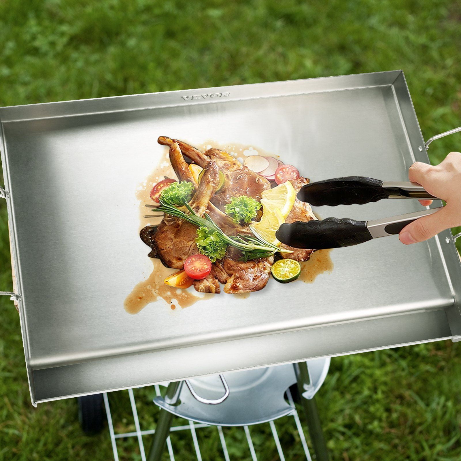 23.5"x16" Stainless Steel Stove Top Griddle, Pre-Seasoned Non-Stick Double Burner Grill Pan for BBQ, Gas Stove, Kitchen – Oil Groove & Handles, Family Cookware, Silver