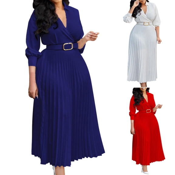 YHAJDS Women's Casual Dress,Casual Long Sleeve Dresses for Women Women's Dresses Solid Color Shirt Collar V Neck Waist Cinching Dress With Belt