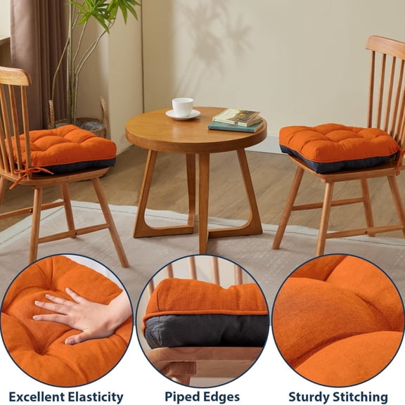 Chair Cushions for Dining Chairs, Seat Cushions for Kitchen Chairs, Indoor Seat Cushions with Ties, Tufted Foam Chair Pads, Non Slip Chair Cushions Set of 4, 15.5" x 15.5" x 4", Orange