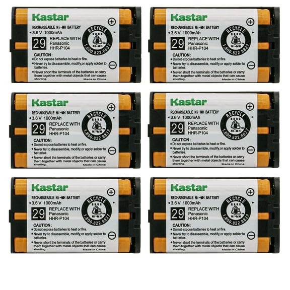 Kastar 6-Pack 3.6v 1000mAh Battery HHR-P104 Replacement for Panasonic KX-TG5480S KX-TG5561M KX-TG5566M KX-TG5571M KX-TG5576M KX-TG5583M KX-TG5621S KX-TG5622M KX-TG5623B KX-TG5631S KX-TG5632M Handset