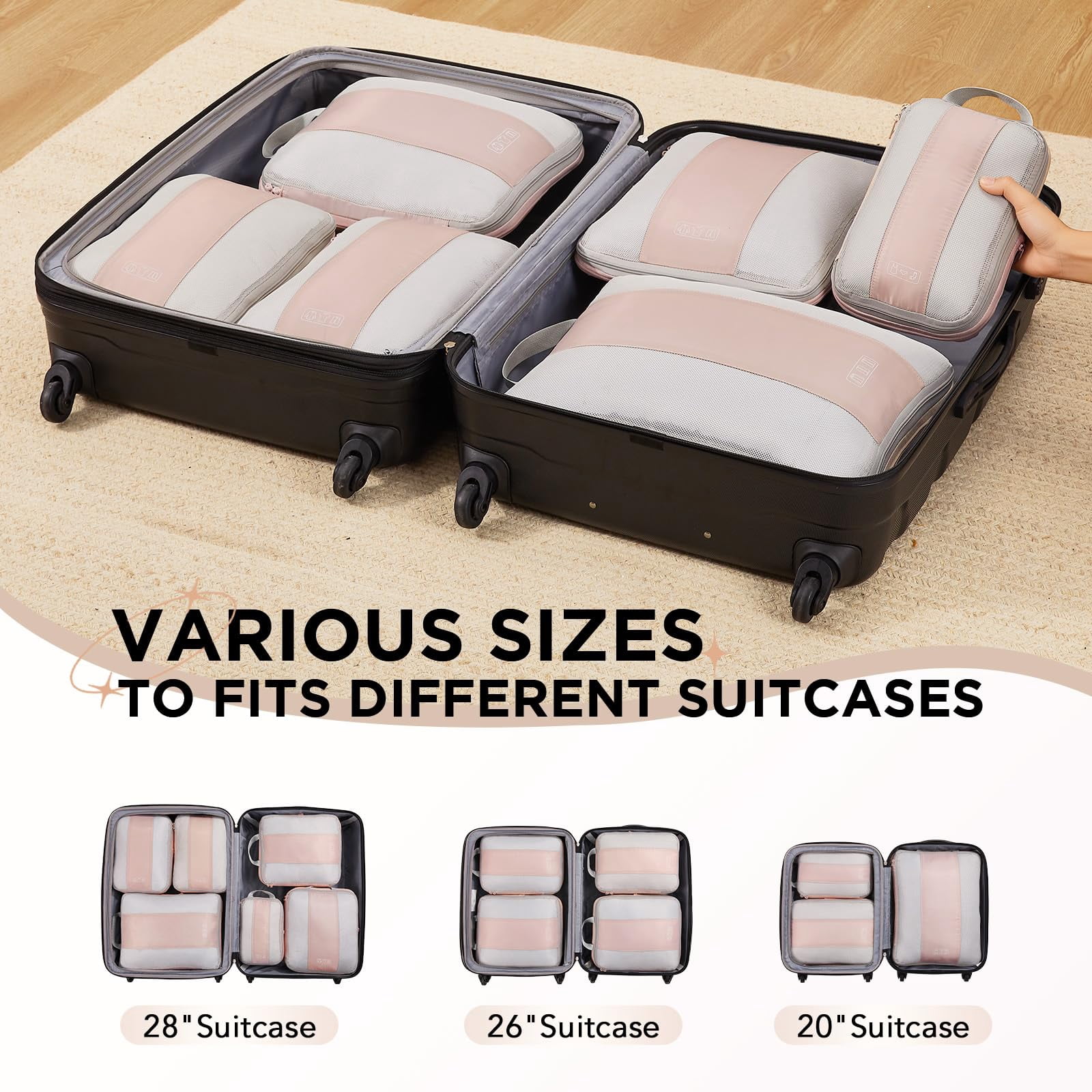 Beige 6 Set Packing Cubes Travel Luggage Organizer Bags