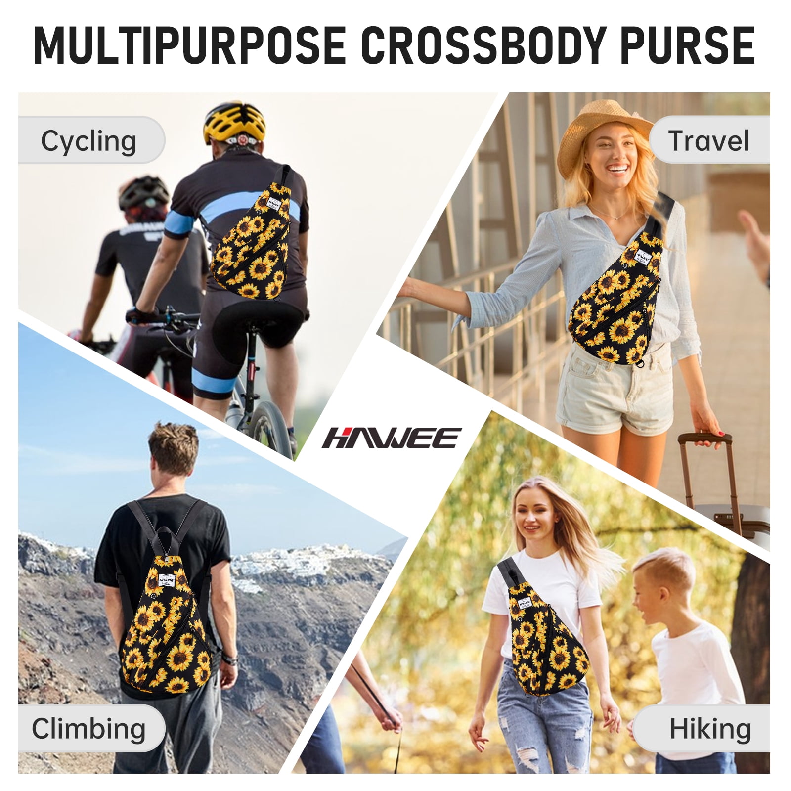HAWEE Women's Rope Sling Bag - Convertible Chest Bag & Backpack, Water-Resistant Crossbody Daypack for Travel, Sport, Cycling | Left or Right Wear, Sunflower