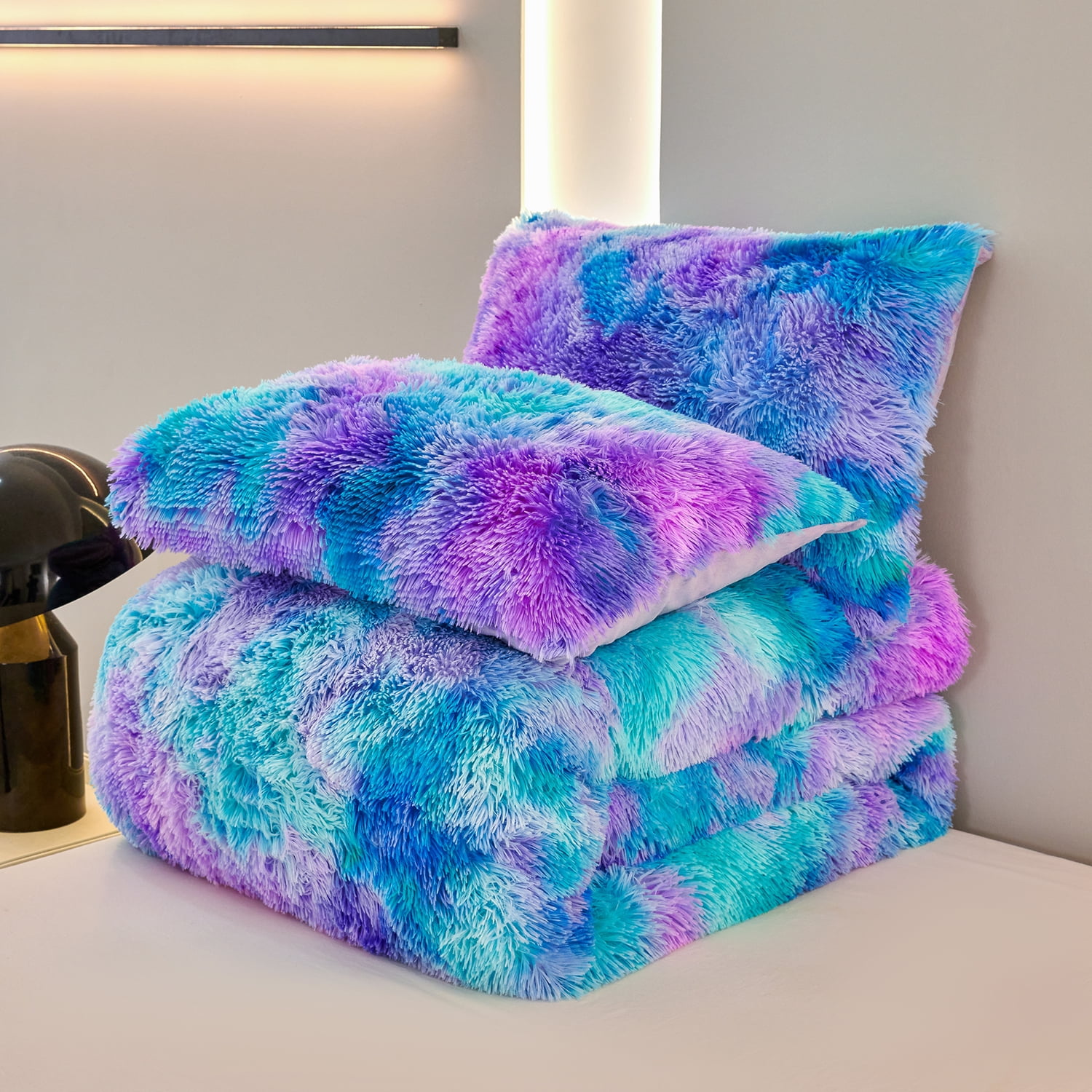 URBONUR 3Pcs Blue Purple Queen Bedding Set for Women Faux Fur Comforter Tie Dye Fluffy Comforter Set Cozy Fuzzy Shaggy Bed Sets(1 Furry Bedding + 2 Plush Pillowcases)