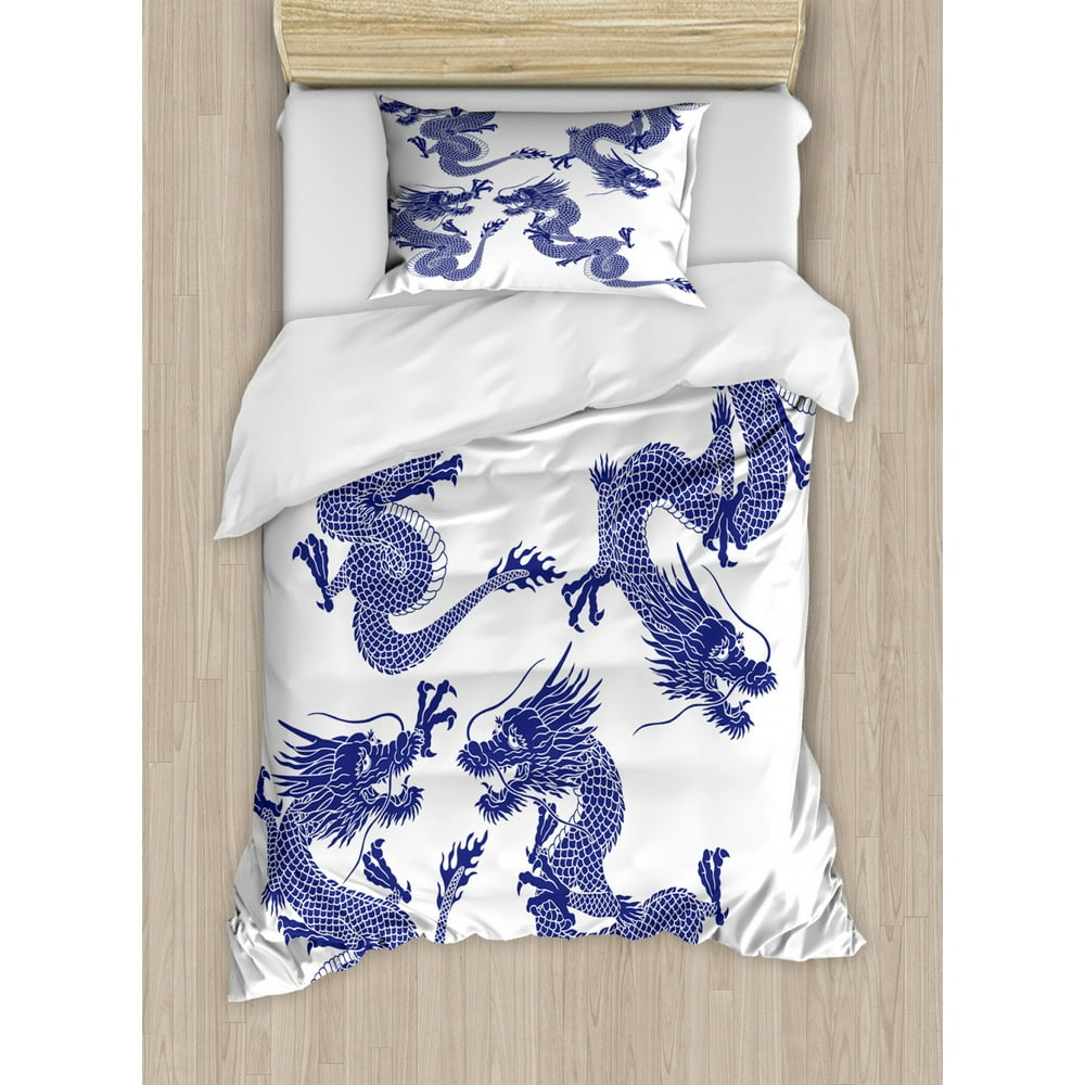 Dragon Duvet Cover Set, Indigenous Japanese Dragons White Background