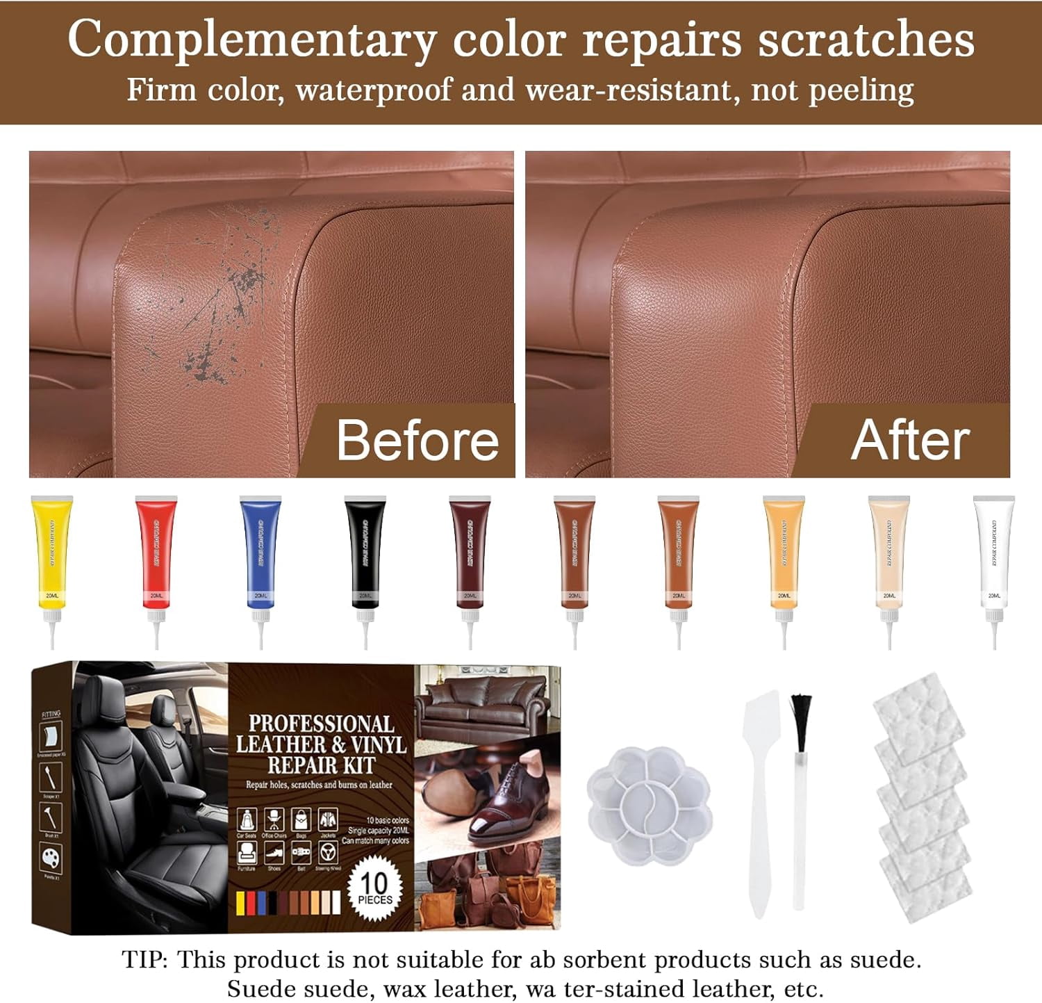 RQB Leather Repair Kit – 10-Color DIY Leather & Vinyl Repair for Furniture, Car Seats, Jackets, Bags & Shoes – Easy Color Match, Complete Tools Included