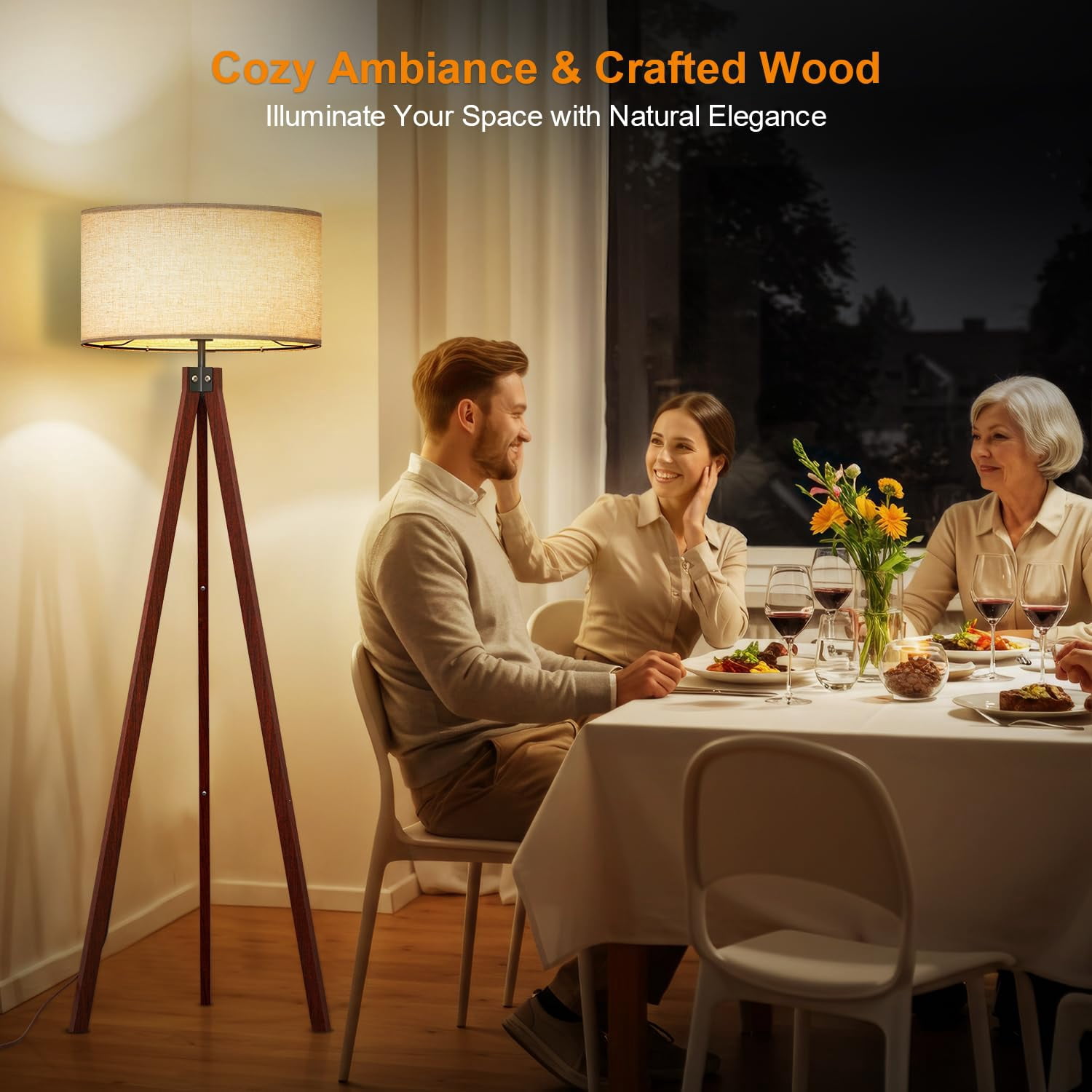 Wood Tripod Floor Lamp  Mid Century Standing Modern Design Studying Light For Living Room Bedroom Study And Office Flaxen Linen Shade With E26 Base Brown